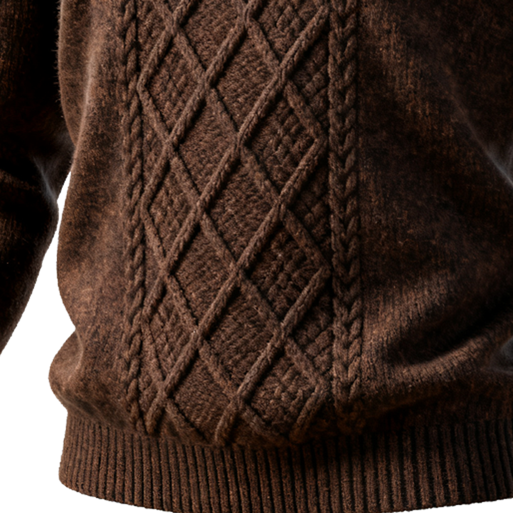 Men's Brown Argyle Diamond Pattern Cable Knit Sweater With Button Placket-Unitsen
