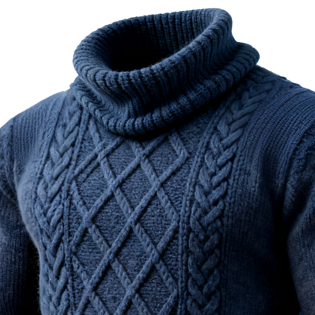 Men's Classic Navy Blue Cable Knit Turtleneck Sweater-Unitsen