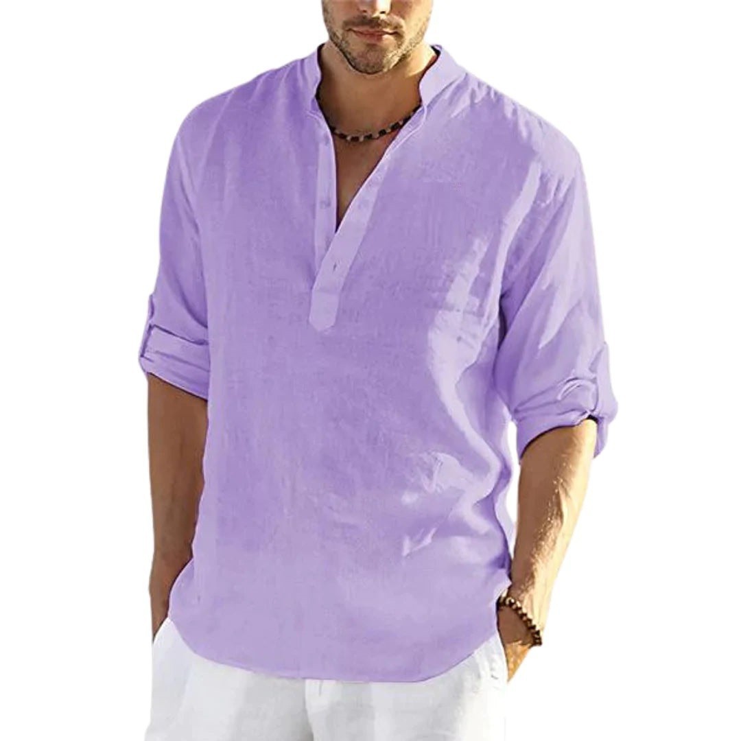 Men's Linen Shirt Henley Casual Outdoor Shirt Long Sleeve Plain Collar Casual Hawaiian Clothing-Unitsen