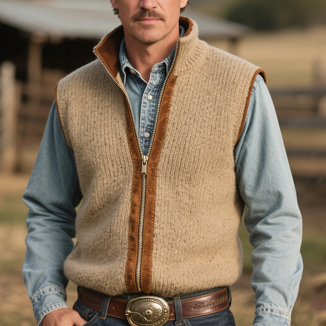 Men's Vintage Western Casual Country Style Beige Knit Sweater Vest-Unitsen