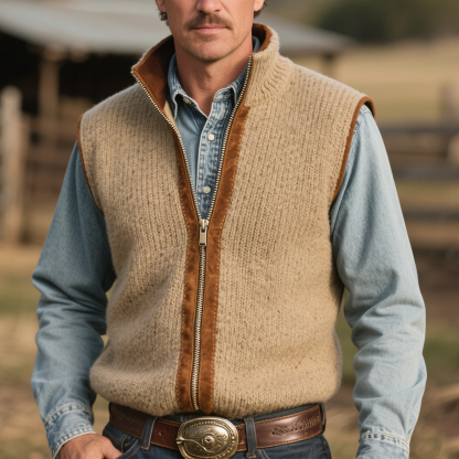 Men's Vintage Western Casual Country Style Beige Knit Sweater Vest-Unitsen