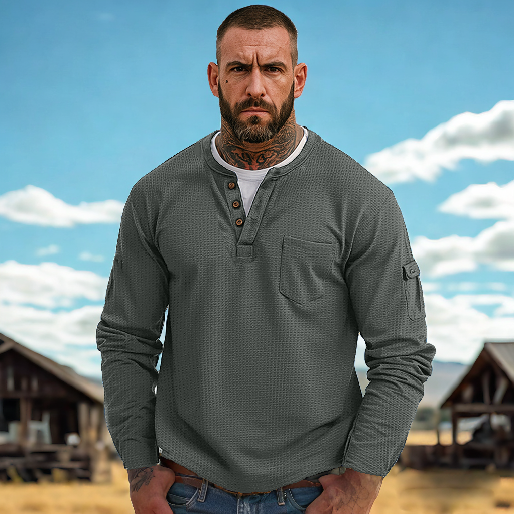 Men's Casual Waffle Country Western Patchwork Neck Long Sleeves Henley T Shirt With Chest Pocket-Unitsen