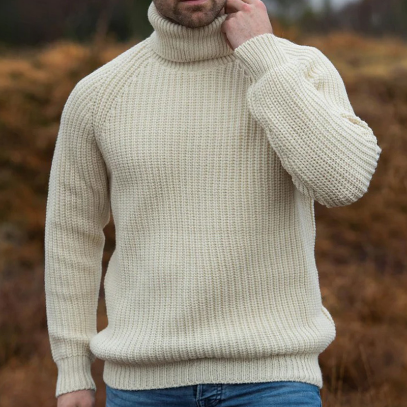 Men's Retro Western Style Knitted Sweater Turtleneck Pullover Off-white-Unitsen