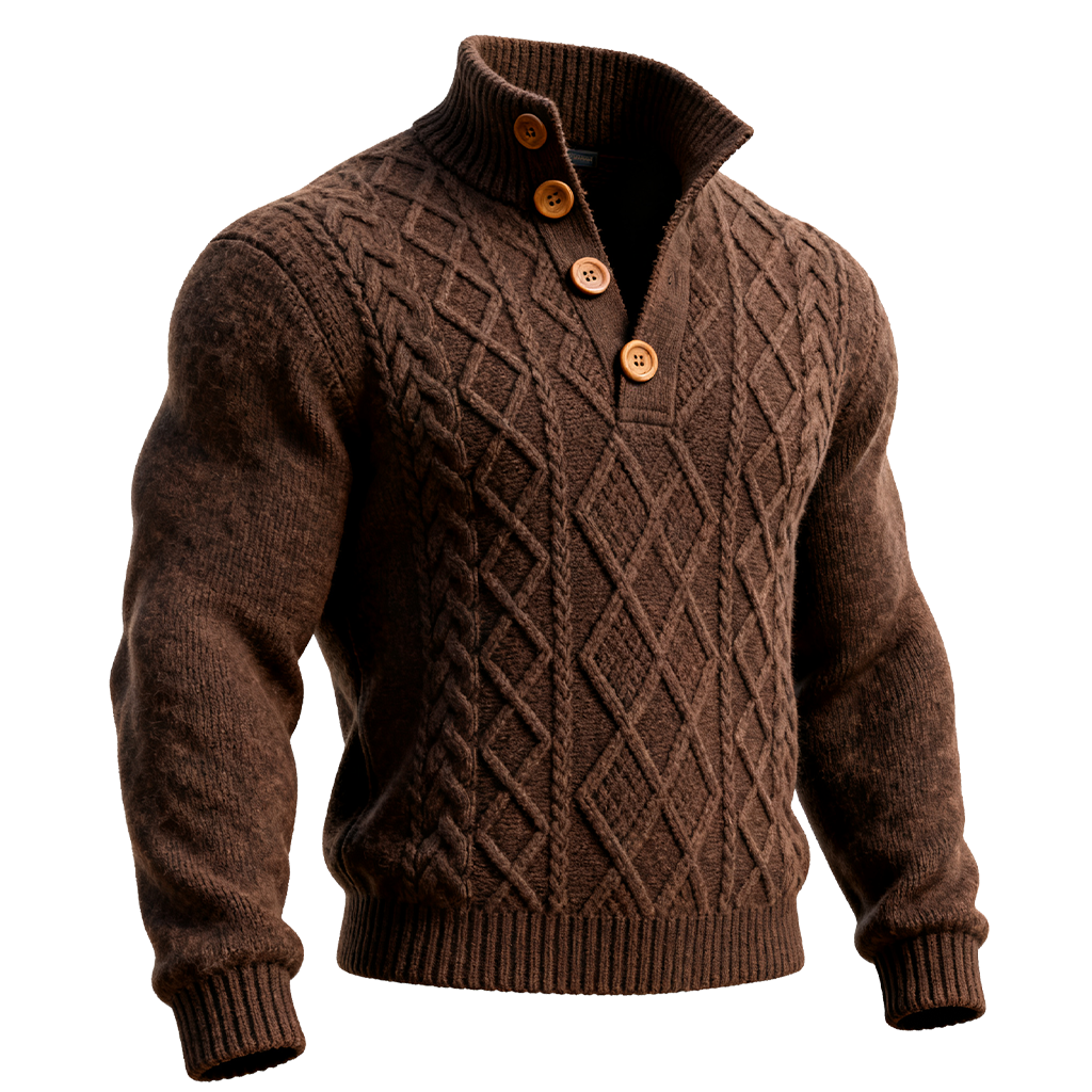 Men's Western Cable Knit Button-Up Sweater Brown-Unitsen