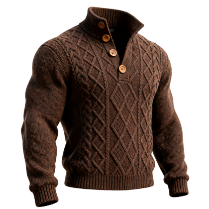 Men's Western Cable Knit Button-Up Sweater Brown-Unitsen