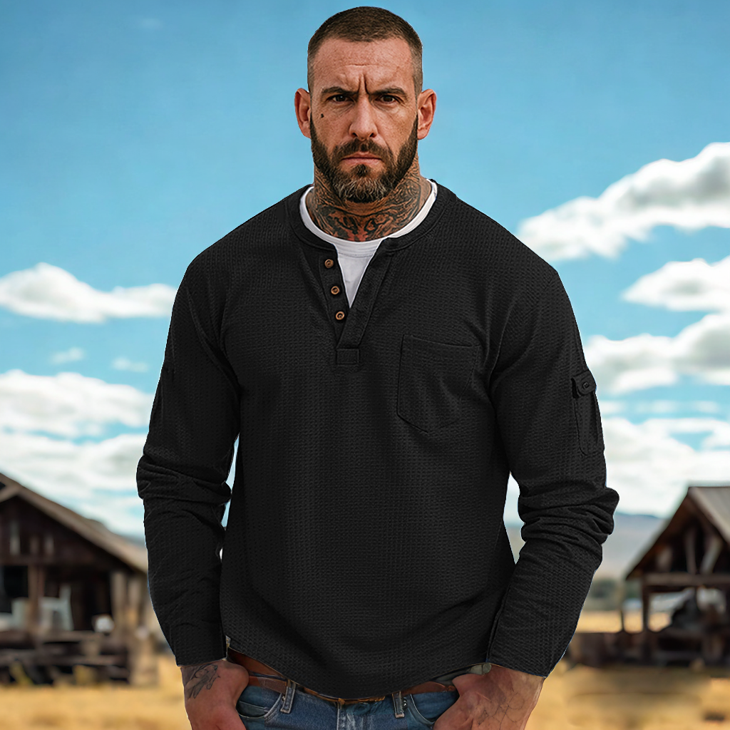 Men's Casual Waffle Country Western Patchwork Neck Long Sleeves Henley T Shirt With Chest Pocket-Unitsen
