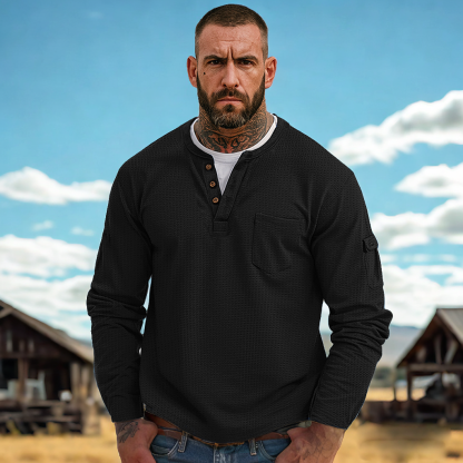 Men's Casual Waffle Country Western Patchwork Neck Long Sleeves Henley T Shirt With Chest Pocket-Unitsen