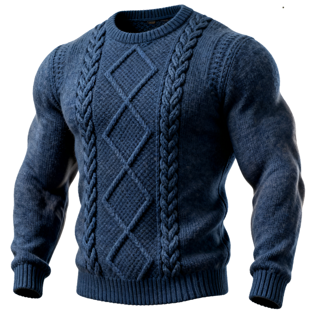 Men's Classic Cable Knit Sweater In Deep Blue Crew Neck-Unitsen