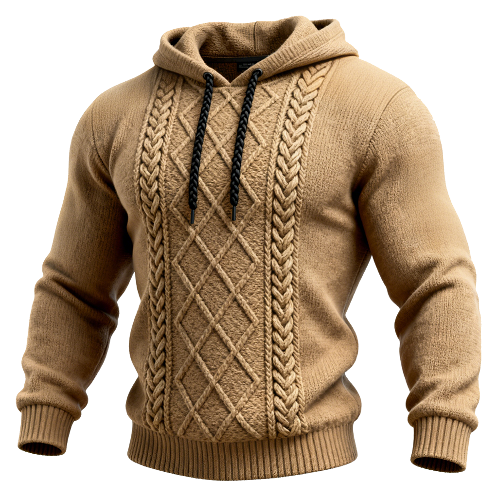 Men's Western Cozy Camel Cable Knit Hoodie-Unitsen
