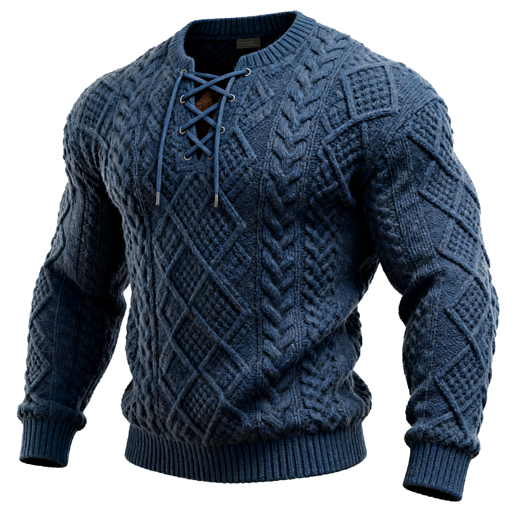 Men's Western Thick Cable Knit Sweater With Lace-Up Front Navy Blue-Unitsen