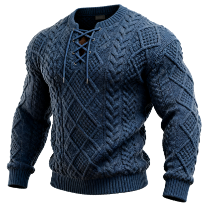 Men's Western Thick Cable Knit Sweater With Lace-Up Front Navy Blue-Unitsen