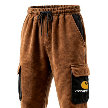 Men's Vintage Terry Brown And Black Cargo Sweatpants-Unitsen