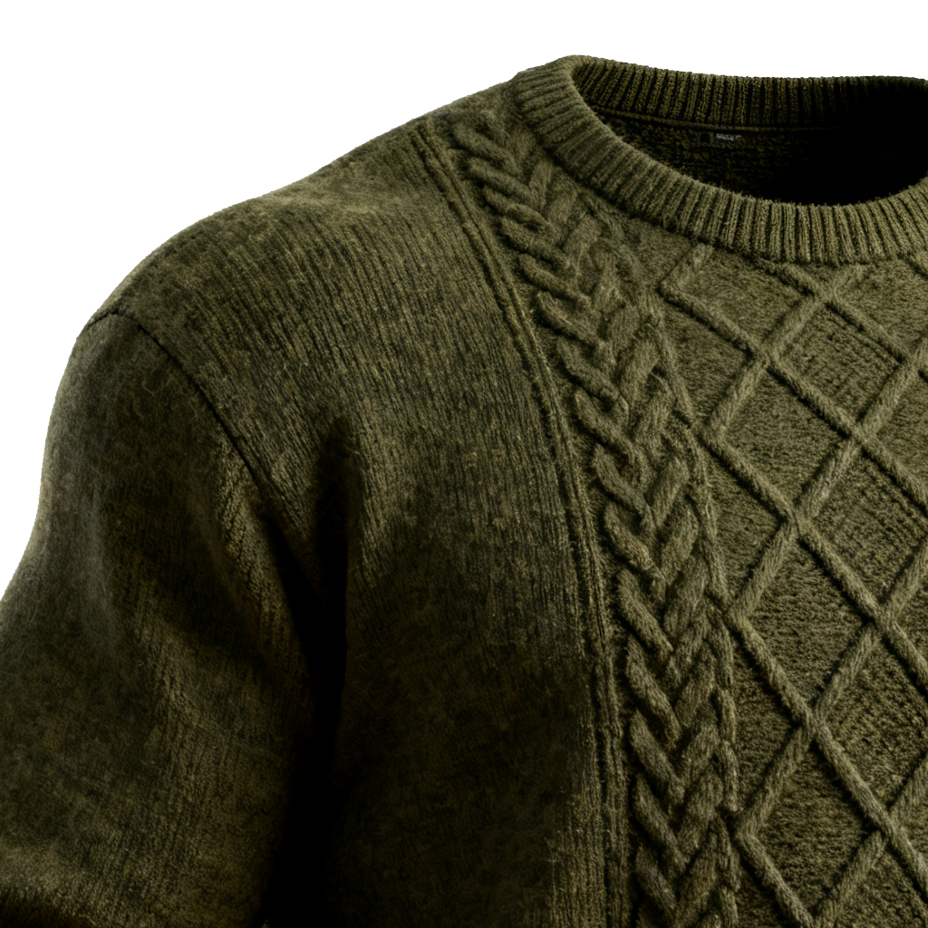Men's Western Olive Green Crew Neck Cable Knit Sweater-Unitsen