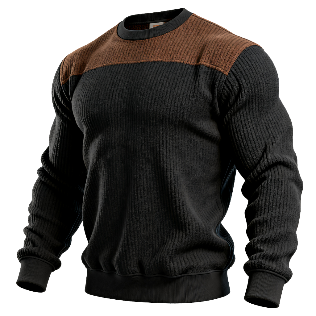 Men's Black And Brown Ribbed Crew Neck Sweatshirt-Unitsen