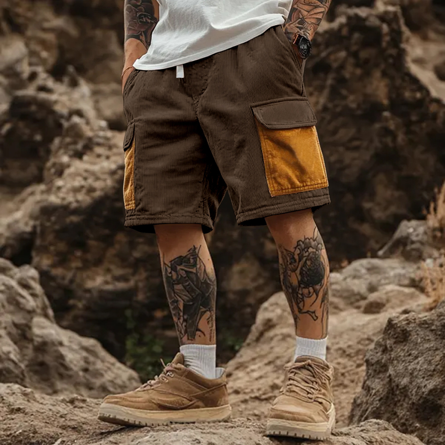 Men's Casual Corduroy Cargo Shorts With Contrast Patches-Unitsen