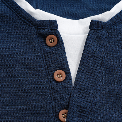 Men's Casual Waffle Country Western Patchwork Neck Long Sleeves Henley T Shirt With Chest Pocket-Unitsen