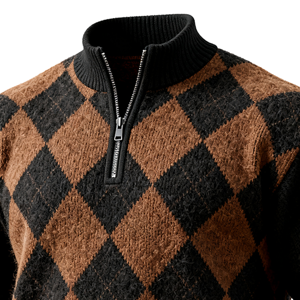 Men's Brown And Black Diamond Patterned Knit Sweater-Unitsen