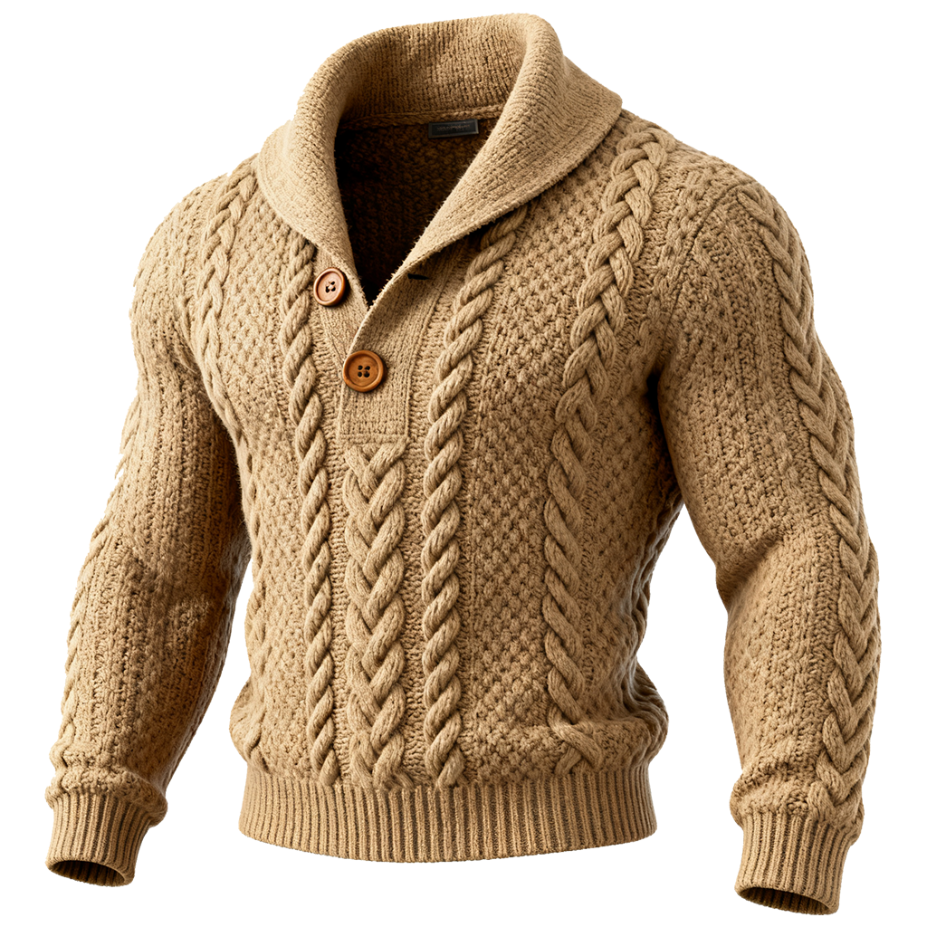 Men's Classic Cable Knit Cardigan Sweate Sweater Lapel In Beige-Unitsen