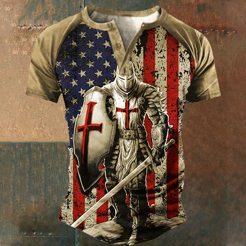 American Flag Templar Jesus Cross Vintage Print Henley T-Shirt-Unitsen