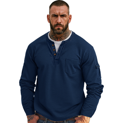 Men's Casual Waffle Country Western Patchwork Neck Long Sleeves Henley T Shirt With Chest Pocket-Unitsen