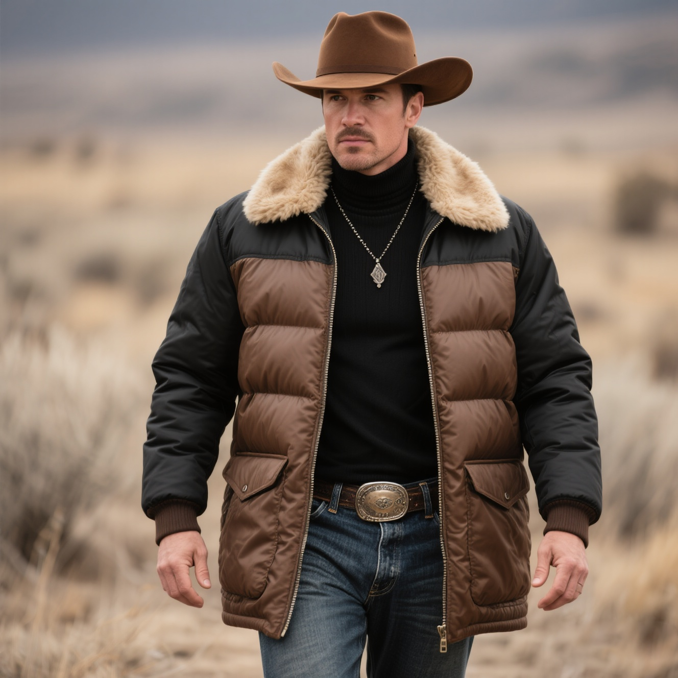 Men's Outfit With Brown And Black Patchwork Puffer Jacket-Unitsen