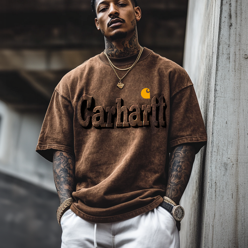 Men's Oversized Washed Distressed 3d Embossed Print T-shirt Brown-Unitsen