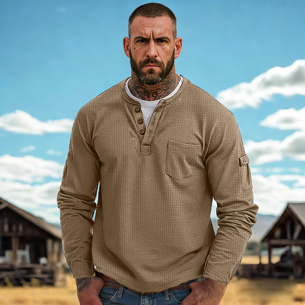 Men's Casual Waffle Country Western Patchwork Neck Long Sleeves Henley T Shirt With Chest Pocket-Unitsen