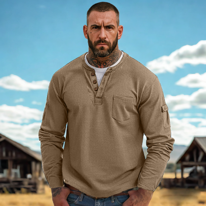 Men's Casual Waffle Country Western Patchwork Neck Long Sleeves Henley T Shirt With Chest Pocket-Unitsen