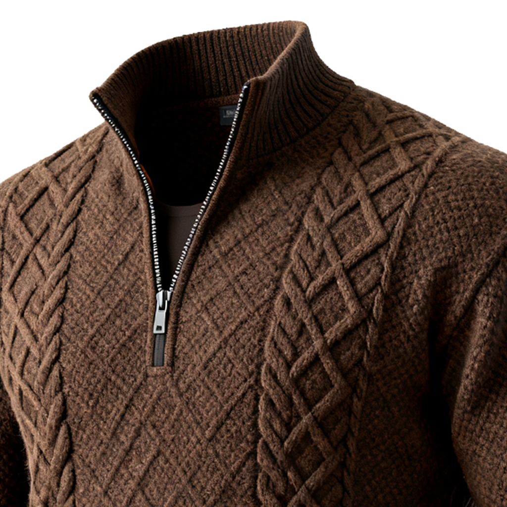 Men's Argyle Diamond Pattern Brown Cable Knit Half-Zip Sweater-Unitsen