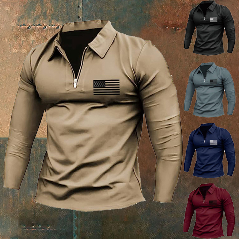 Men's Vintage American Flag Print Zip Lapel Long Sleeve T-Shirt-Unitsen