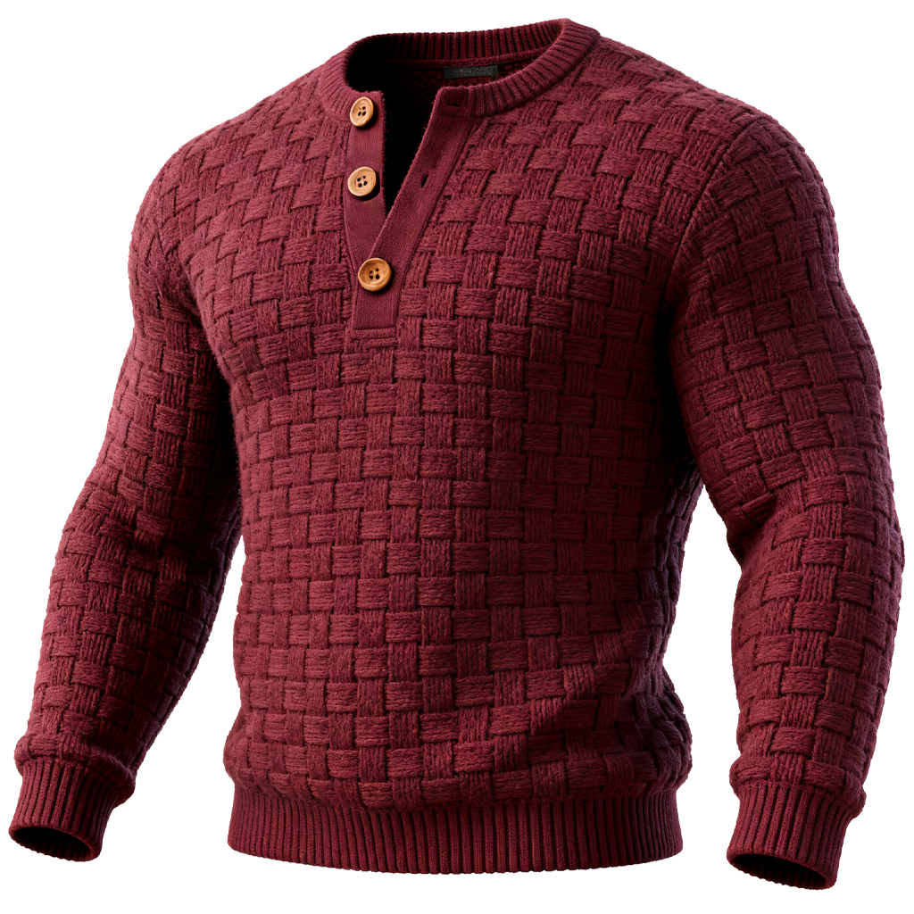 Men's Vintage Woven Texture Basketweave Burgundy Buttoned Sweater-Unitsen