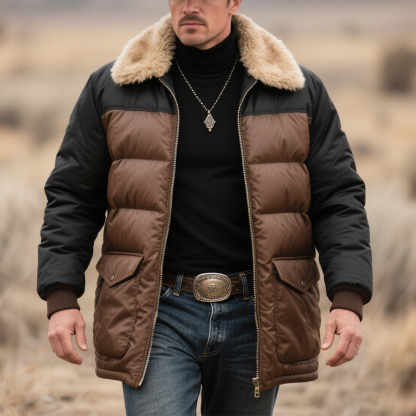 Men's Outfit With Brown And Black Patchwork Puffer Jacket-Unitsen