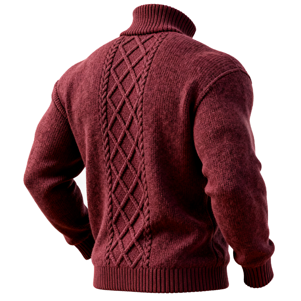 Men's Western Cable Knit Turtleneck Sweater Burgundy-Unitsen