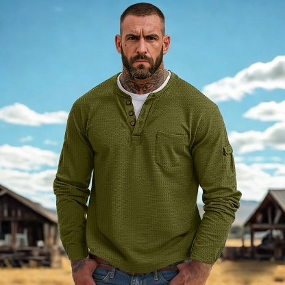 Men's Casual Waffle Country Western Patchwork Neck Long Sleeves Henley T Shirt With Chest Pocket-Unitsen