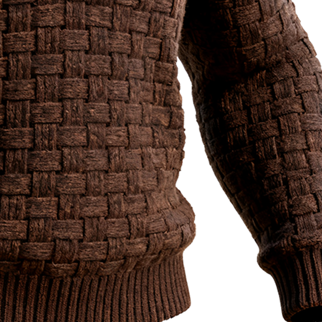 Men's Brown Woven Knit Basketweave Sweater With Wooden Buttons-Unitsen
