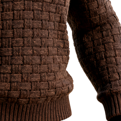 Men's Brown Woven Knit Basketweave Sweater With Wooden Buttons-Unitsen