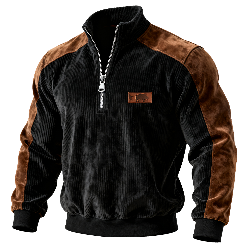 Men's Vintage Black And Brown Suede Corduroy Patchwork Sweatshirt With Buffalo Patch