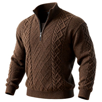 Men's Argyle Diamond Pattern Brown Cable Knit Half-Zip Sweater-Unitsen