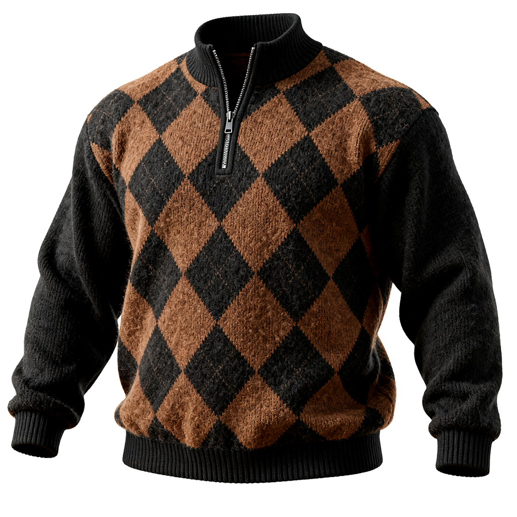 Men's Brown And Black Diamond Patterned Knit Sweater-Unitsen