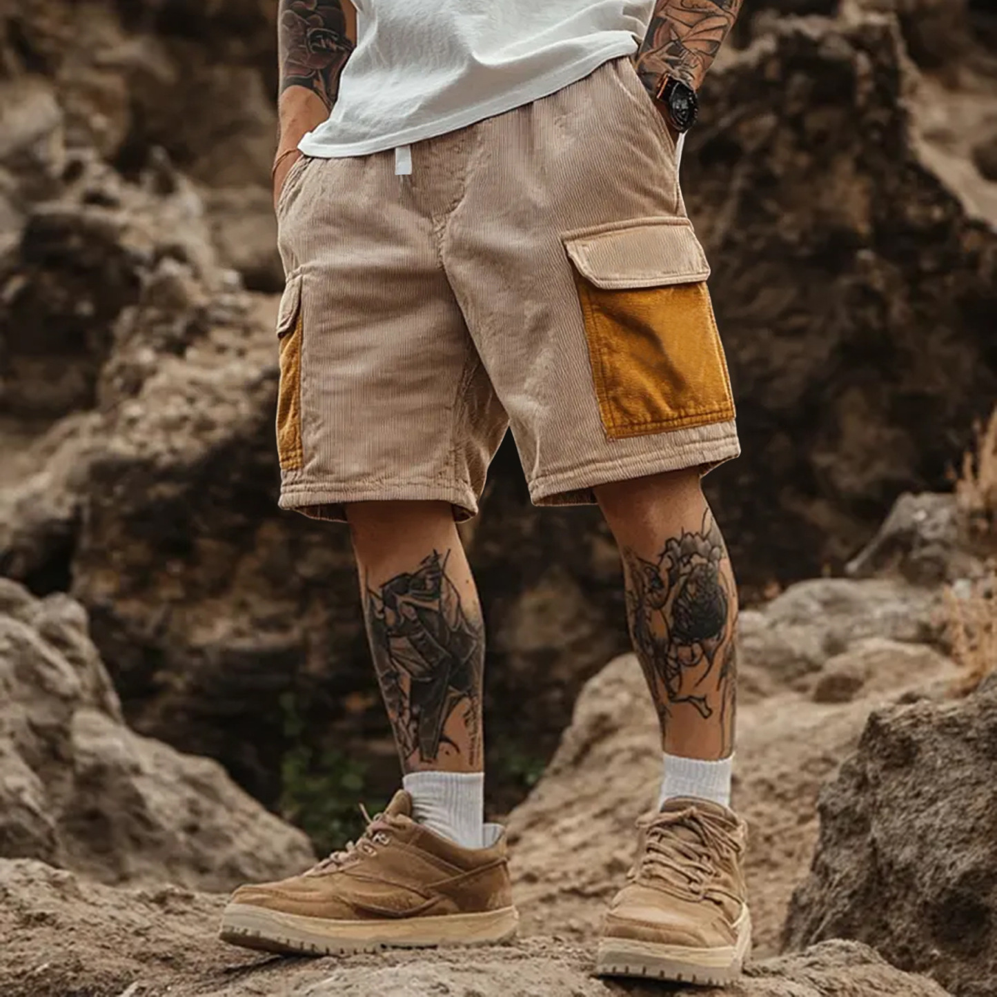 Men's Casual Corduroy Cargo Shorts With Contrast Patches-Unitsen