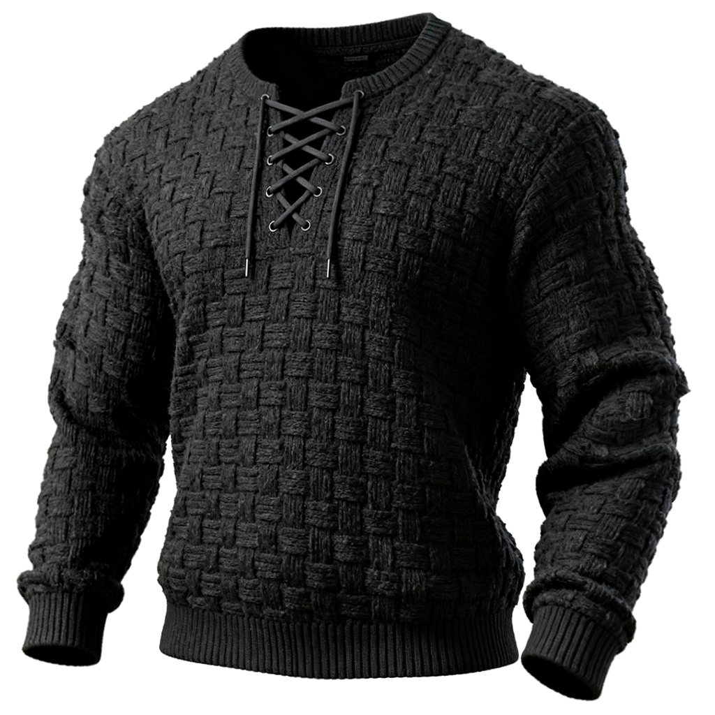 Men's Woven Basketweave Lace-Up Sweater-Unitsen