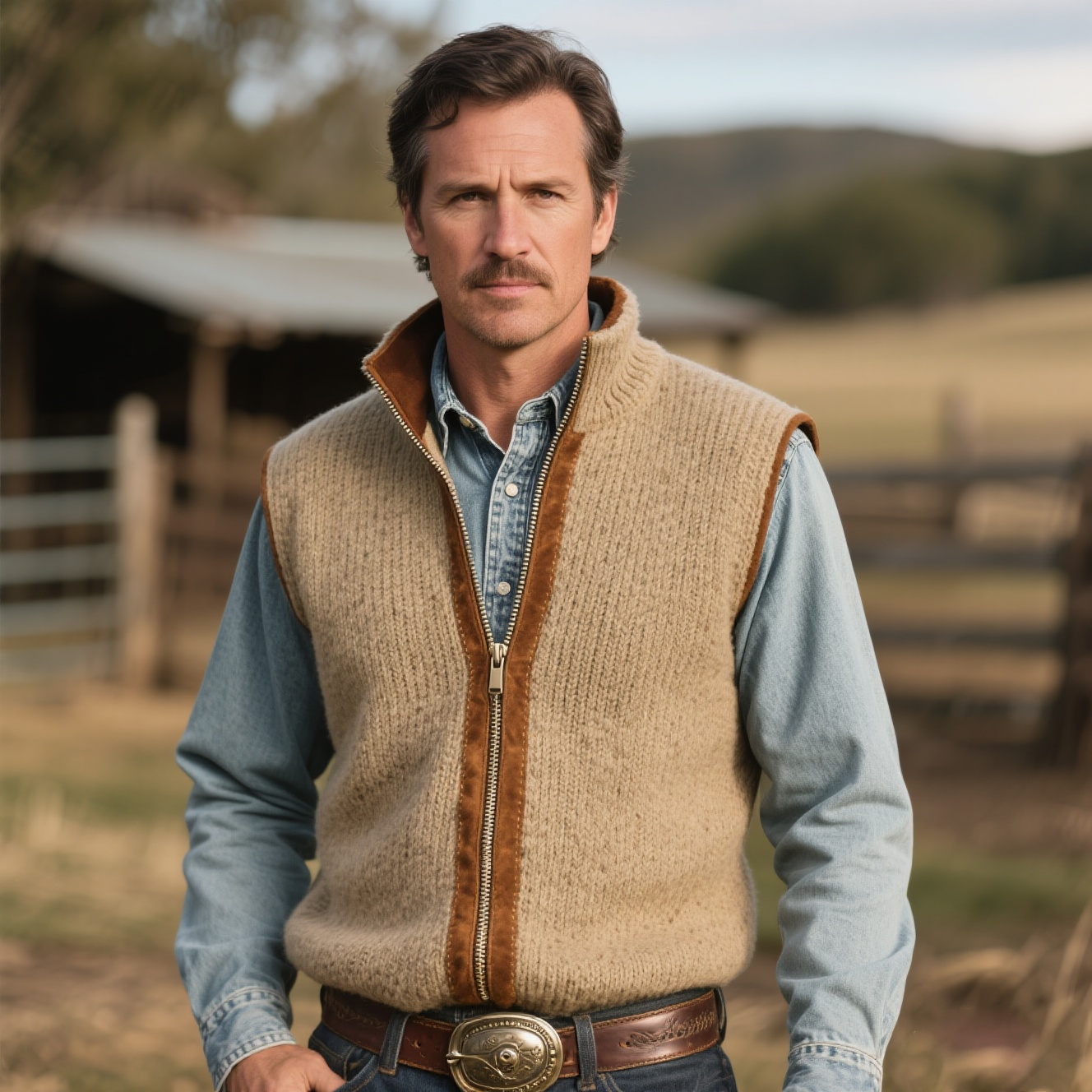 Men's Vintage Western Casual Country Style Beige Knit Sweater Vest-Unitsen