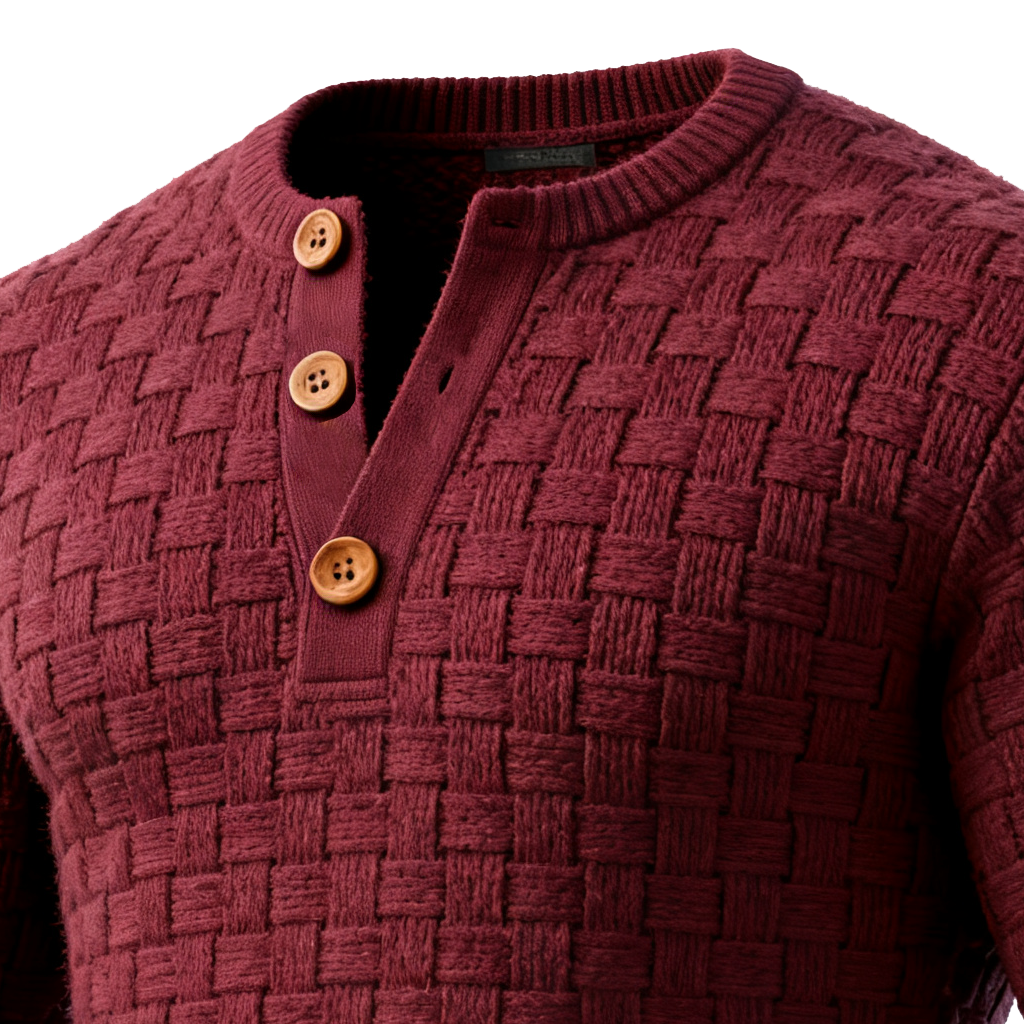 Men's Vintage Woven Texture Basketweave Burgundy Buttoned Sweater-Unitsen