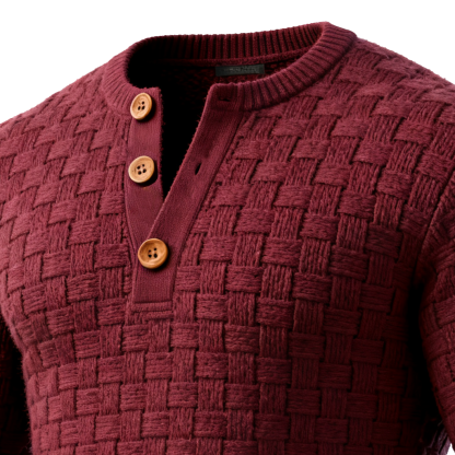 Men's Vintage Woven Texture Basketweave Burgundy Buttoned Sweater-Unitsen