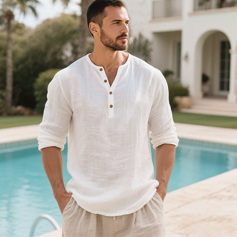 Men's Casual Linen Holiday Henley Long Sleeves Shirt White-Unitsen