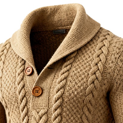 Men's Classic Cable Knit Cardigan Sweate Sweater Lapel In Beige-Unitsen