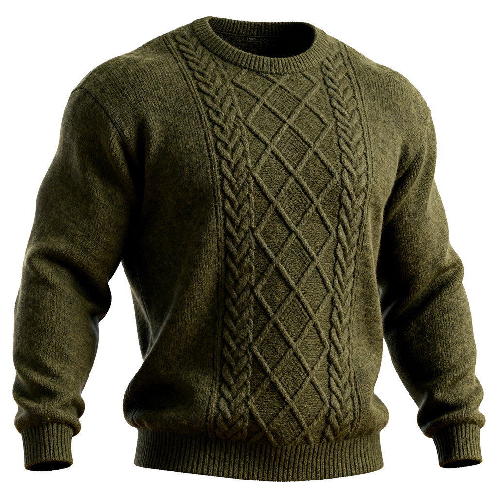Men's Western Olive Green Crew Neck Cable Knit Sweater-Unitsen