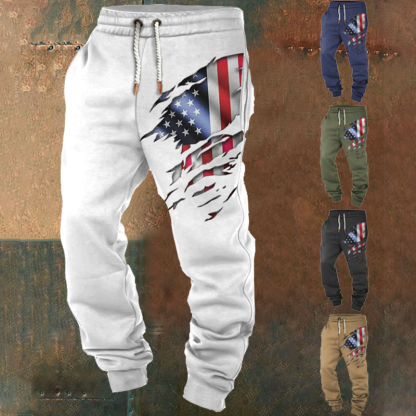 Men's Vintage American Flag Print Pocket Casual Athletic Elastic Waist Trousers-Unitsen