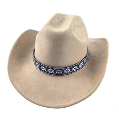 Suede Stylish Western Cowboy Hat With Embroidered Band-Unitsen