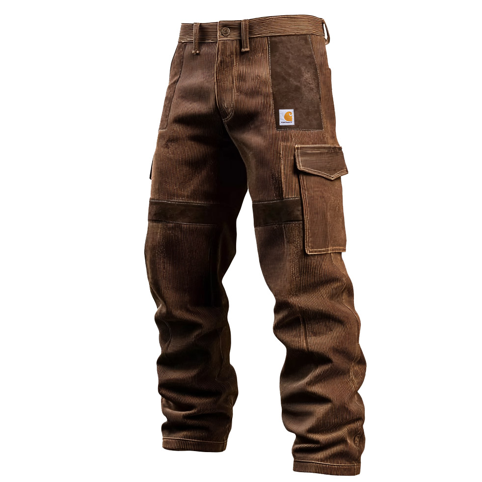 Men's Vintage Brown Corduroy Suede Work Cargo Pants-Unitsen